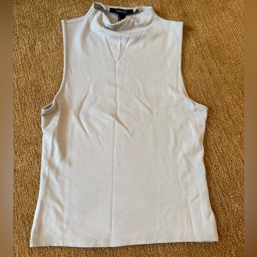 Forever 21 White/Light Gray Sleeveless Mock Neck Tank
